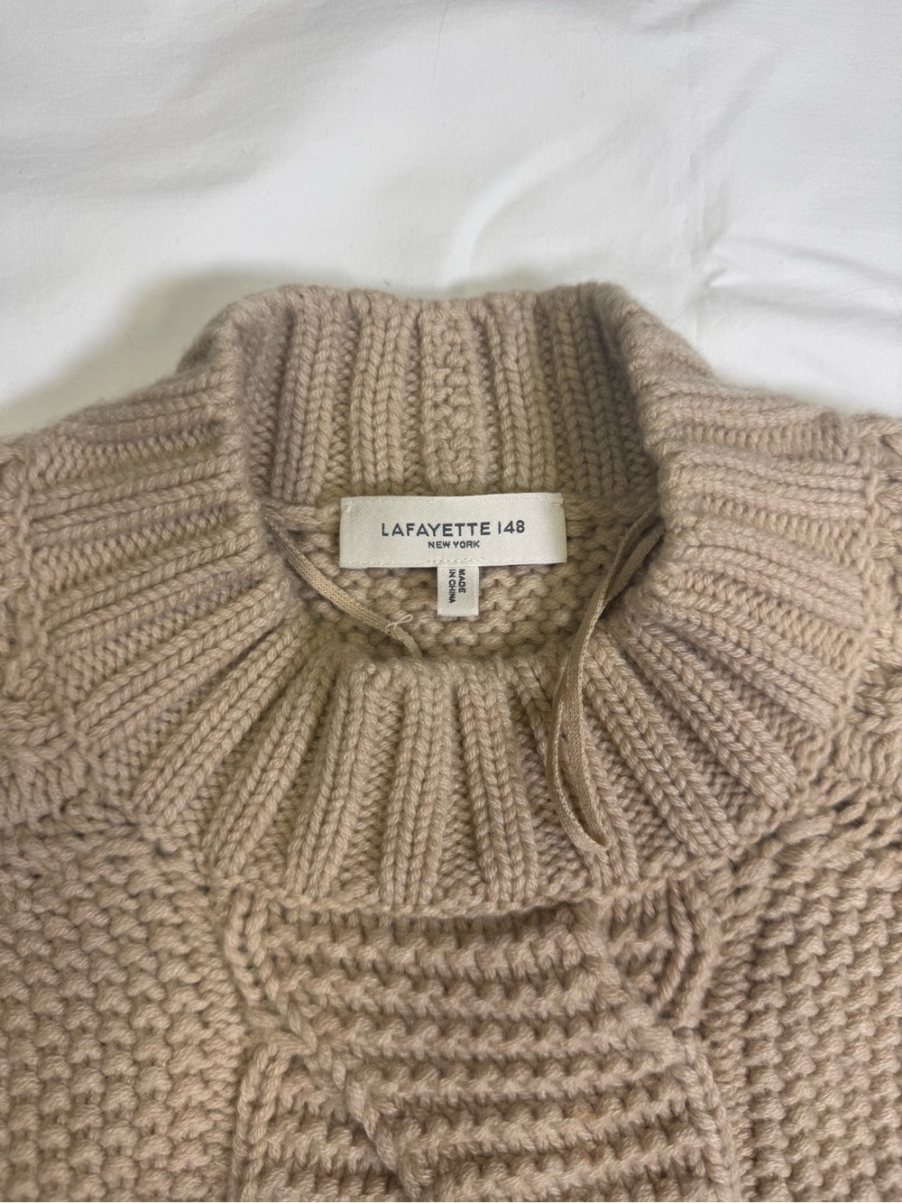 Lafayette 148 New York Taupe Cable-Knit Mock Neck Sweater